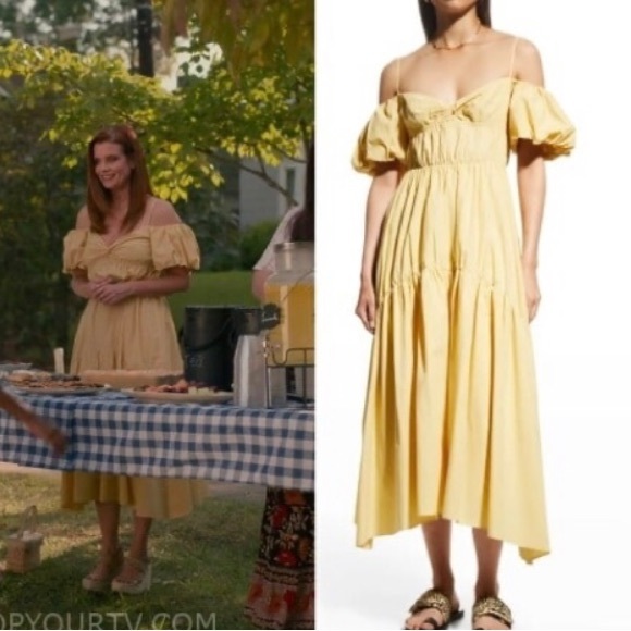 NWT $445 Vince Draped Cold-Shoulder Tiered Yellow Midi Dress in sizes 4, 10 + 12 - Picture 8 of 8